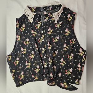 Iris Basic Girls Black Floral Sheer Button Up Sleeveless Shirt Size Large